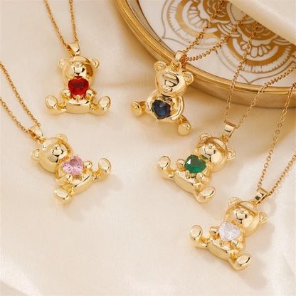 304 Stainless Steel Copper K Gold Plated Cute Sweet Korean Style Three-dimensional Inlay Little Bear Zircon Pendant Necklace