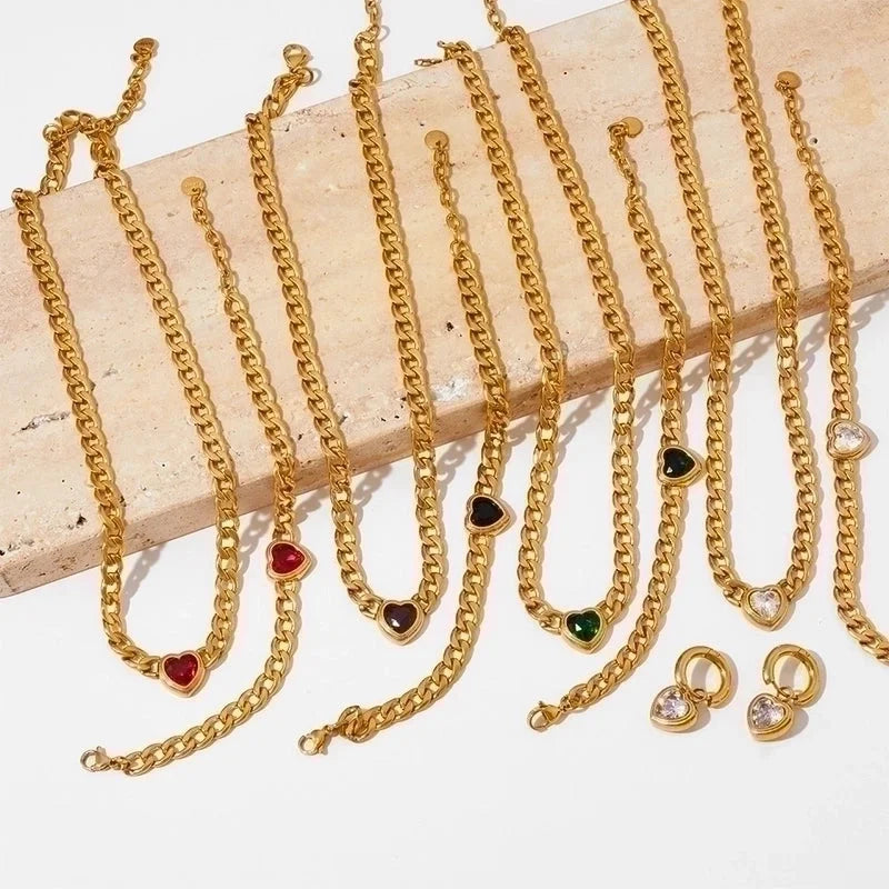 3 Pieces 304 Stainless Steel 16K Gold Plated White Gold Plated Gold Plated Minimalist Inlay Heart Shape Zircon Bracelets Earrings Necklace