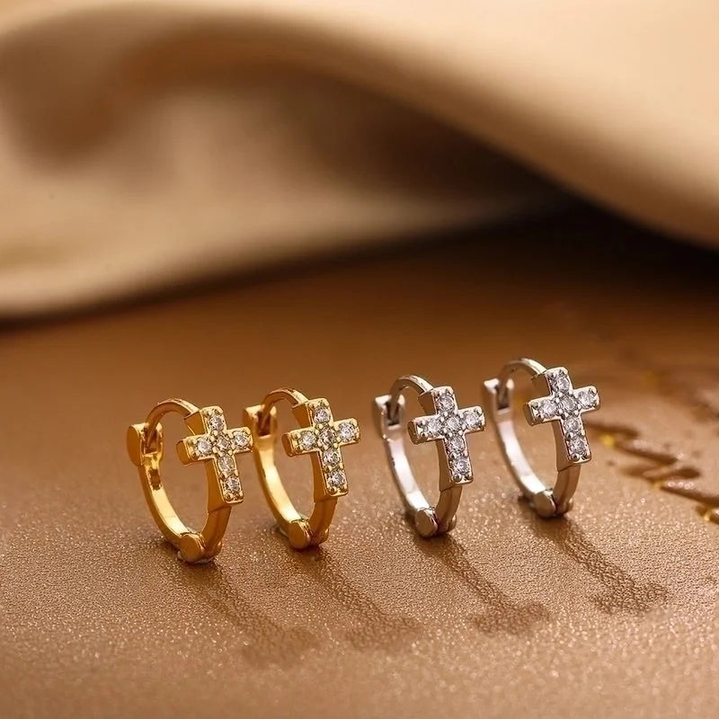 1 Pair Minimalist Shiny Cross Circle Inlay 304 Stainless Steel Zircon Earrings