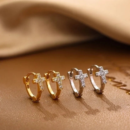 1 Pair Minimalist Shiny Cross Circle Inlay 304 Stainless Steel Zircon Earrings