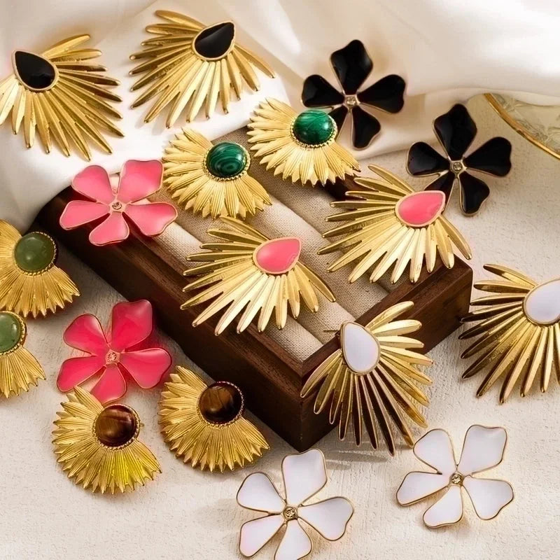 2 Pieces IG Style Flower Enamel 304 Stainless Steel 18K Gold Plated Stainless Steel Earrings