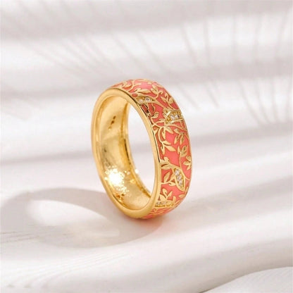 2 Pieces Copper 18K Gold Plated Chinoiserie Vintage Style Lady Epoxy Inlay Round Monogram Zircon Rings