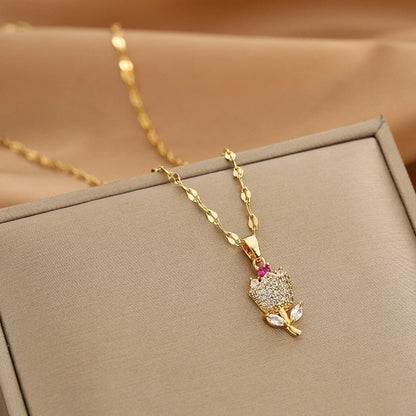 Lady Animal Flower Artificial Pearl Titanium Steel Copper Plating Inlay Zircon Pendant Necklace