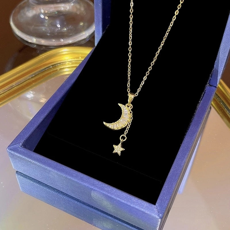 Elegant Classic Style Geometric Moon Bow Knot Titanium Steel Zircon Pendant Necklace