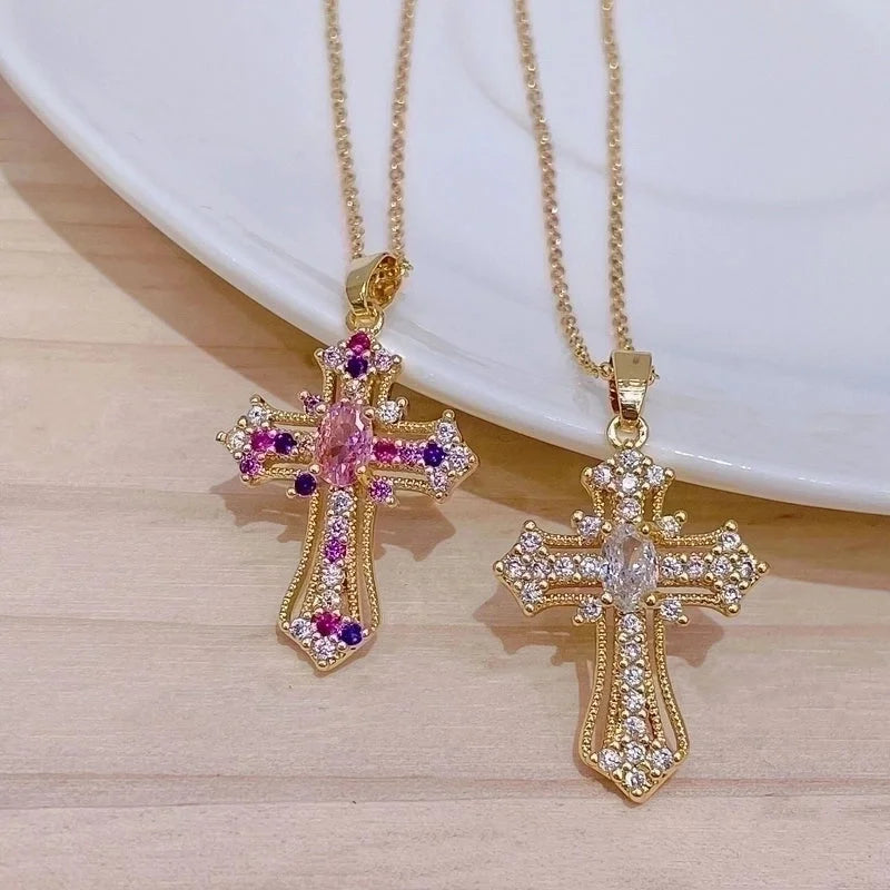 Minimalist Cross Copper Inlay Zircon Pendant Necklace