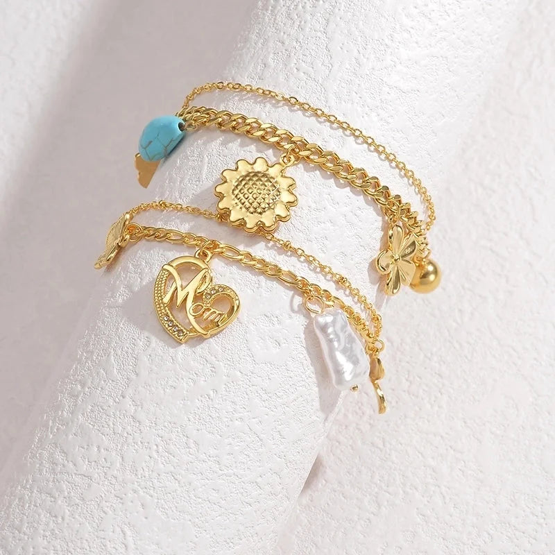 Sweet Minimalist Heart Shape Flower Butterfly 304 Stainless Steel 18K Gold Plated Figaro Chain Multi Charms Bracelet Bracelets In Bulk