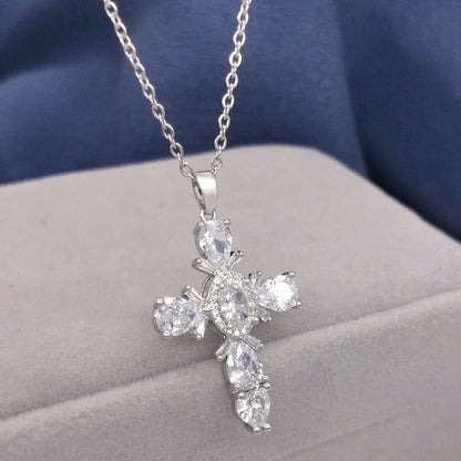 201 Stainless Steel Copper White Gold Plated Gold Plated Minimalist Classic Style Plating Inlay Cross Glass Zircon Pendant Necklace