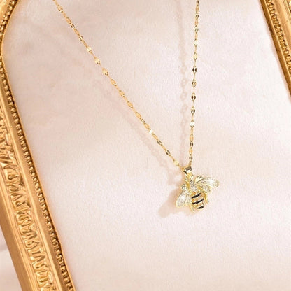 Copper Coffee Bean Chain 18K Gold Plated Inlay Bee Zircon Pendant Necklace