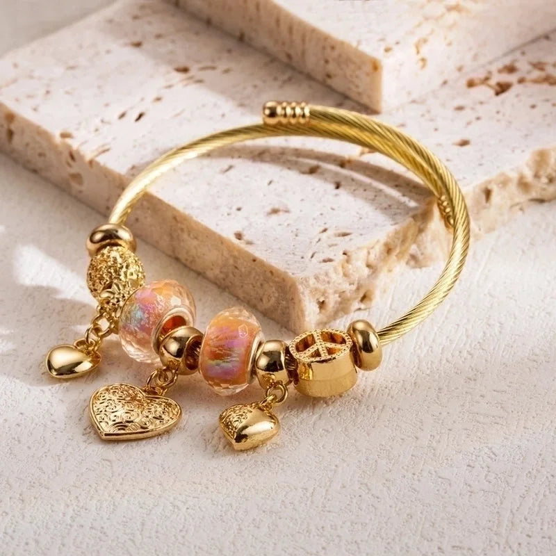 Elegant Heart Shape 304 Stainless Steel Alloy Rhinestones Bangle In Bulk