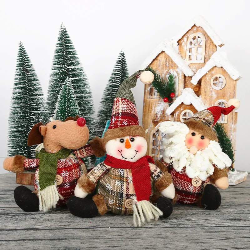 12 Pieces Christmas Snowman Reindeer Christmas Tree Decoration Doll Pendant Plaid Cloth Button Plush Doll Pendant Ornament