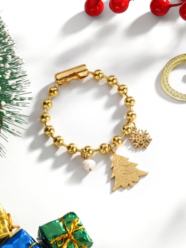 Casual Elegant Lady Santa Claus 304 Stainless Steel Freshwater Pearl 24K Gold Plated Freshwater Pearl Beaded Chain Bracelets In Bulk Christmas