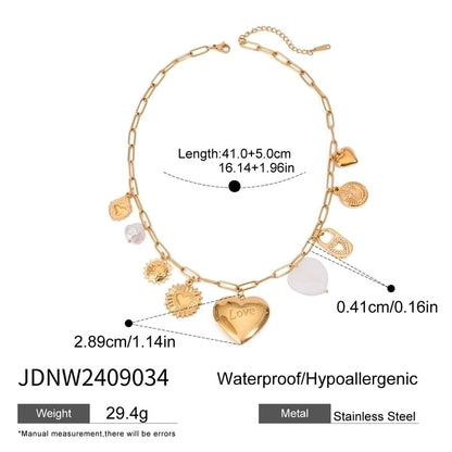 Minimalist Classic Style Sun Heart Shape Butterfly 304 Stainless Steel Zircon 18K Gold Plated Pearl Inlay Multi Charms Necklace