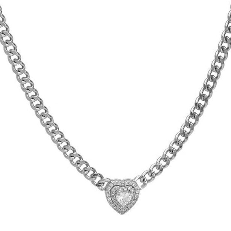Fashion Heart Shape Stainless Steel Alloy Artificial Pearls Zircon Inlay Pendant Necklace