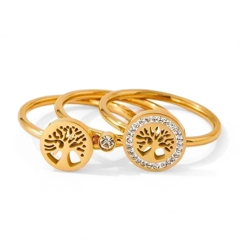 3 Pieces Retro Tree 304 Stainless Steel Rhinestones 16K Gold Plated White Gold Plated Gold Plated Inlay Stainless Steel Rings