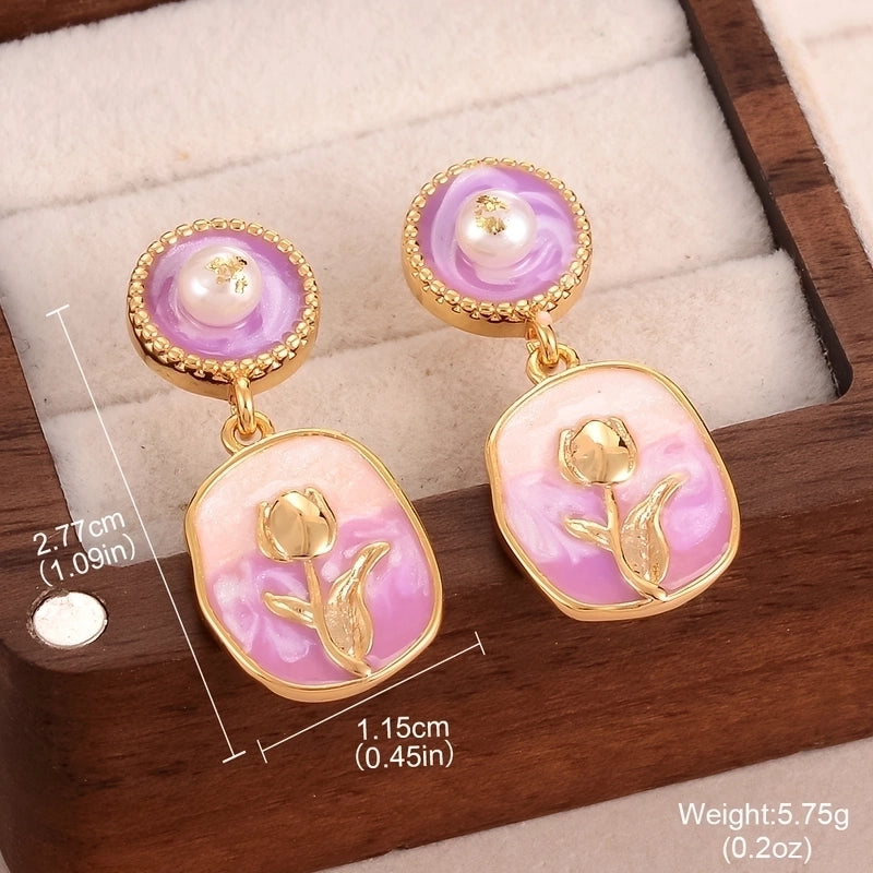 1 Pair Minimalist Classic Style Flower Butterfly Enamel Inlay Alloy Copper Natural Pearl Zircon Drop Earrings