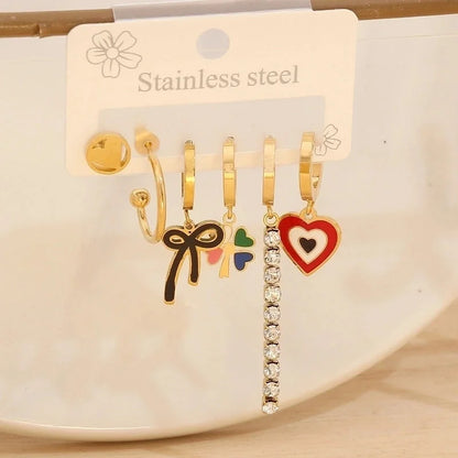 1 Set Elegant Minimalist Star Heart Shape Bow Knot 304 Stainless Steel Titanium Steel Glass Zircon 18K Gold Plated Drop Earrings