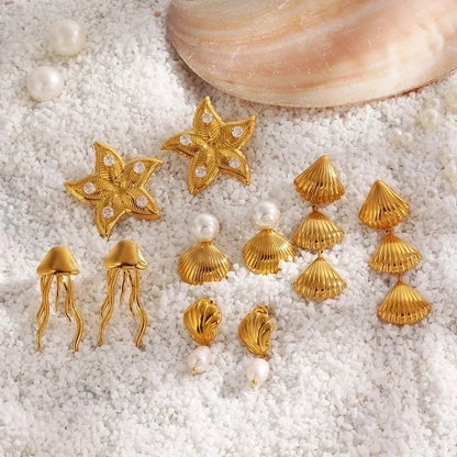 Casual Beach Starfish Shell 304 Stainless Steel Artificial Pearls Zircon 18K Gold Plated Polishing Inlay Rings Earrings