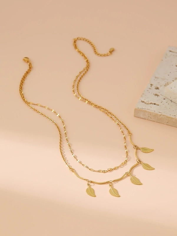 Lady Classic Style IG Style Cross Star Leaves 304 Stainless Steel 18K Gold Plated Double Layer Necklaces