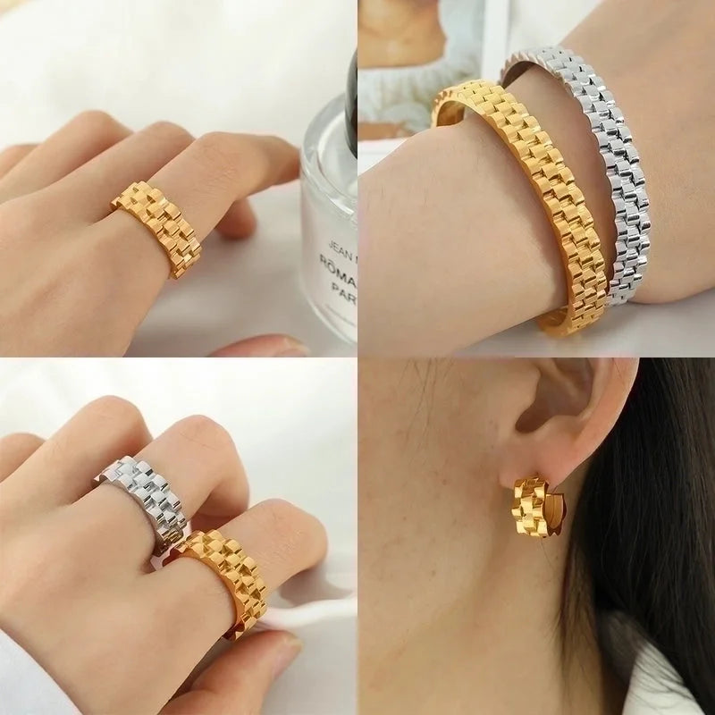 Elegant Formal Minimalist Round Solid Color 304 Stainless Steel Titanium Steel 18K Gold Plated Plating Rings Bracelets Earrings