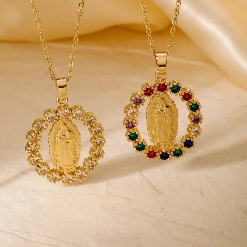 Vintage Style Classic Style Geometric Round Virgin Mary 304 Stainless Steel Copper Zircon K Gold Plated Inlay Pendant Necklace