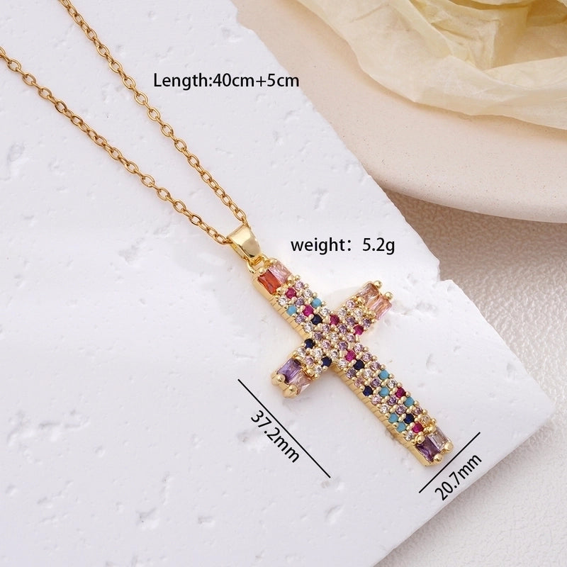 304 Stainless Steel Copper Inlay Cross Zircon Pendant Necklace