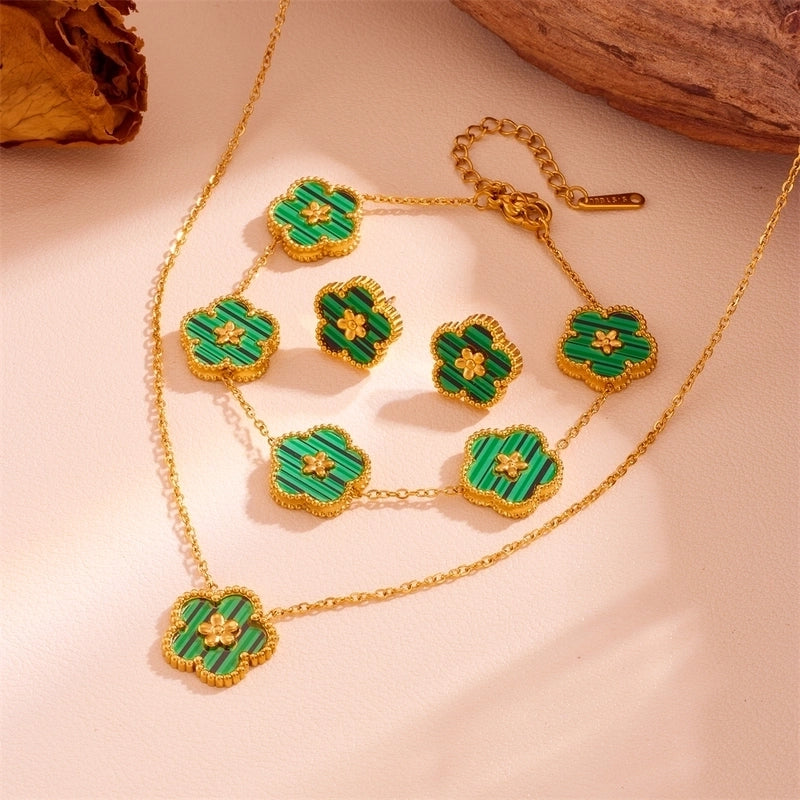 Sweet Minimalist Flower Titanium Steel Artificial Gemstones Turquoise Shell Inlay Jewelry Set
