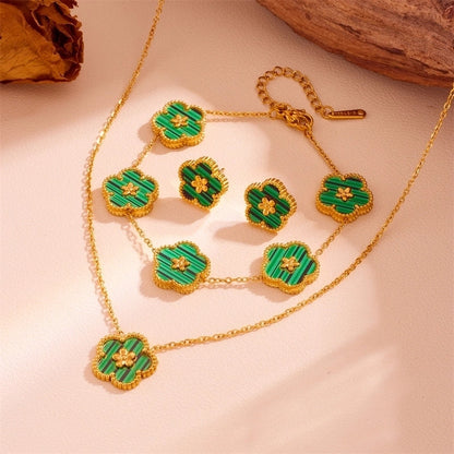 Sweet Minimalist Flower Titanium Steel Artificial Gemstones Turquoise Shell Inlay Jewelry Set