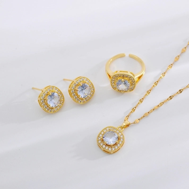 Copper 18K Gold Plated Minimalist Shiny Inlay Square Zircon Rings Earrings Necklace