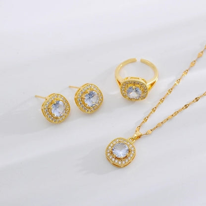 Copper 18K Gold Plated Minimalist Shiny Inlay Square Zircon Rings Earrings Necklace