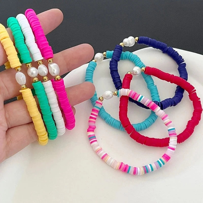 Vacation Color Block Solid Color Baroque Pearls Soft Clay Steel Ball Bracelets