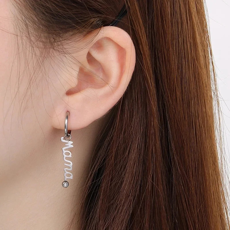 304 Stainless Steel 18K Gold Plated MAMA Minimalist Inlay Letter Zircon Earrings Necklace
