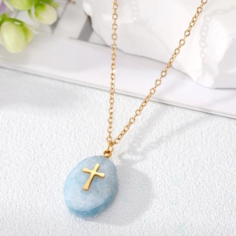3 Pieces Minimalist Cross Water Droplets Lightning Stainless Steel Natural Stone Plating Pendant Necklace