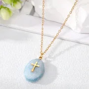 3 Pieces Minimalist Cross Water Droplets Lightning Stainless Steel Natural Stone Plating Pendant Necklace