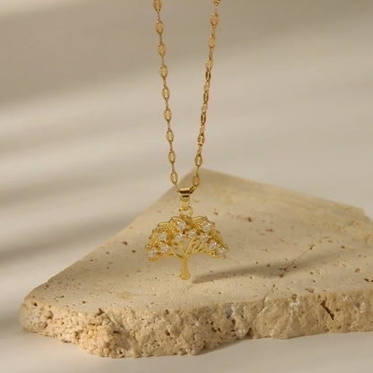 Minimalist Tree Copper Plating Inlay Zircon 18k Gold Plated Pendant Necklace