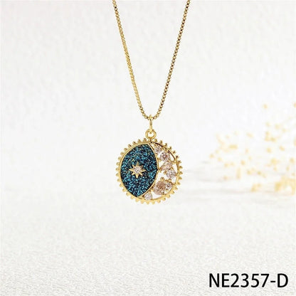 Copper Box Chain Inlay Star Moon Zircon Pendant Necklace