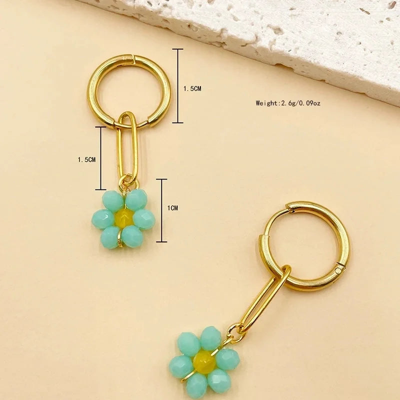 1 Pair Sweet Flower Polishing Crystal Plating 304 Stainless Steel Beaded Crystal Beads 14K Gold Plated Drop Earrings