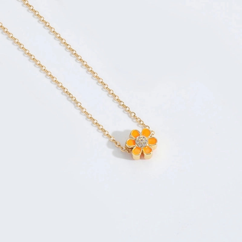 Copper 14K Gold Plated Enamel Flower Zircon Pendant Necklace