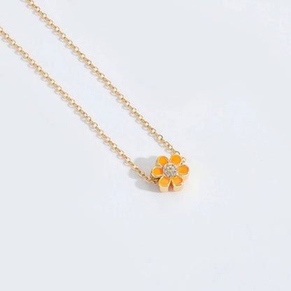 Copper 14K Gold Plated Enamel Flower Zircon Pendant Necklace