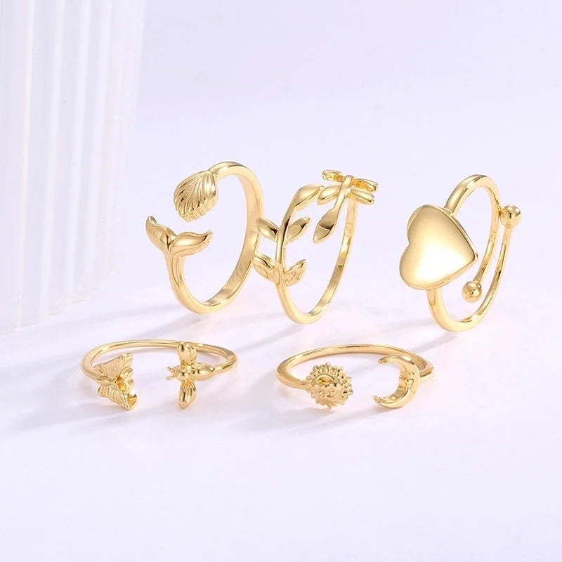Copper 18K Gold Plated Animal Moon Leaves Open Rings