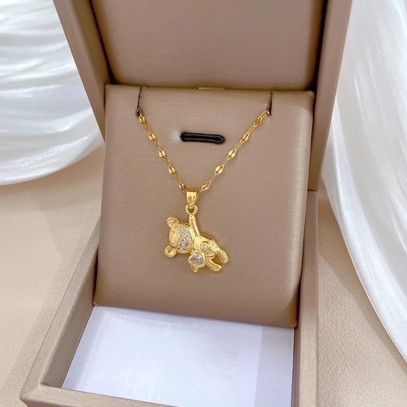2 Pieces Minimalist Bear Titanium Steel Copper Plating Inlay Zircon Pendant Necklace