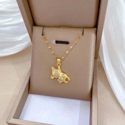 2 Pieces Minimalist Bear Titanium Steel Copper Plating Inlay Zircon Pendant Necklace