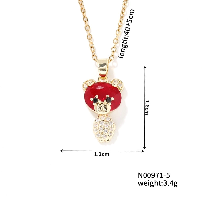 304 Stainless Steel Copper Rhodium Plated Inlay Bear Heart Shape Glass Zircon Pendant Necklace