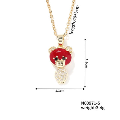 304 Stainless Steel Copper Rhodium Plated Inlay Bear Heart Shape Glass Zircon Pendant Necklace