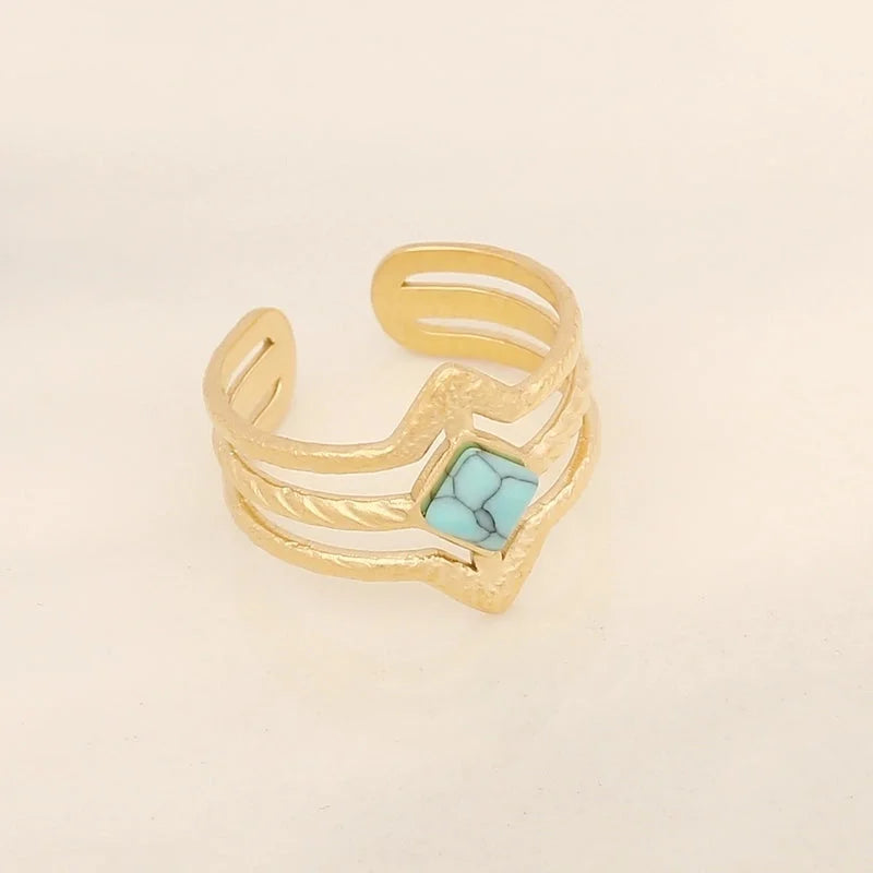 Stainless Steel 18K Gold Plated Ethnic Style Inlay Geometric Turquoise Open Ring