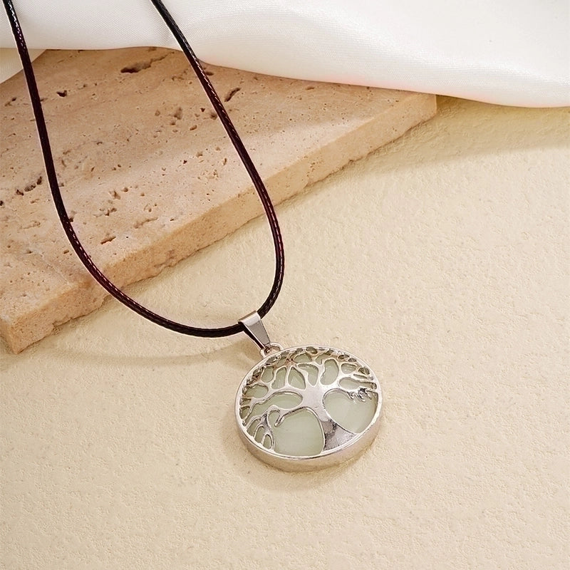 Ig Style Minimalist Round Tree Stainless Steel Natural Stone Leather Rope Inlay Natural Stone Pendant Necklace