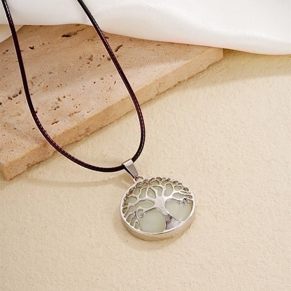 Ig Style Minimalist Round Tree Stainless Steel Natural Stone Leather Rope Inlay Natural Stone Pendant Necklace