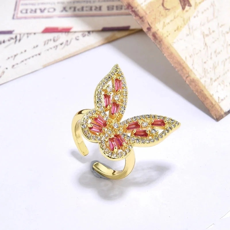 Copper 18K Gold Plated Inlay Butterfly Zircon Open Rings
