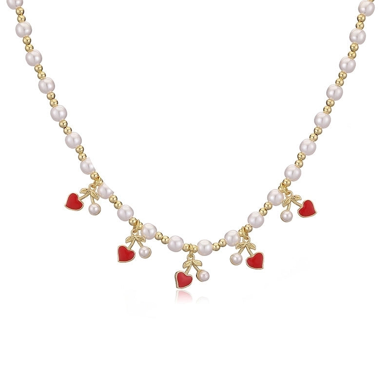 Sweet Cherry Strawberry Copper Enamel Multi Charms Necklace