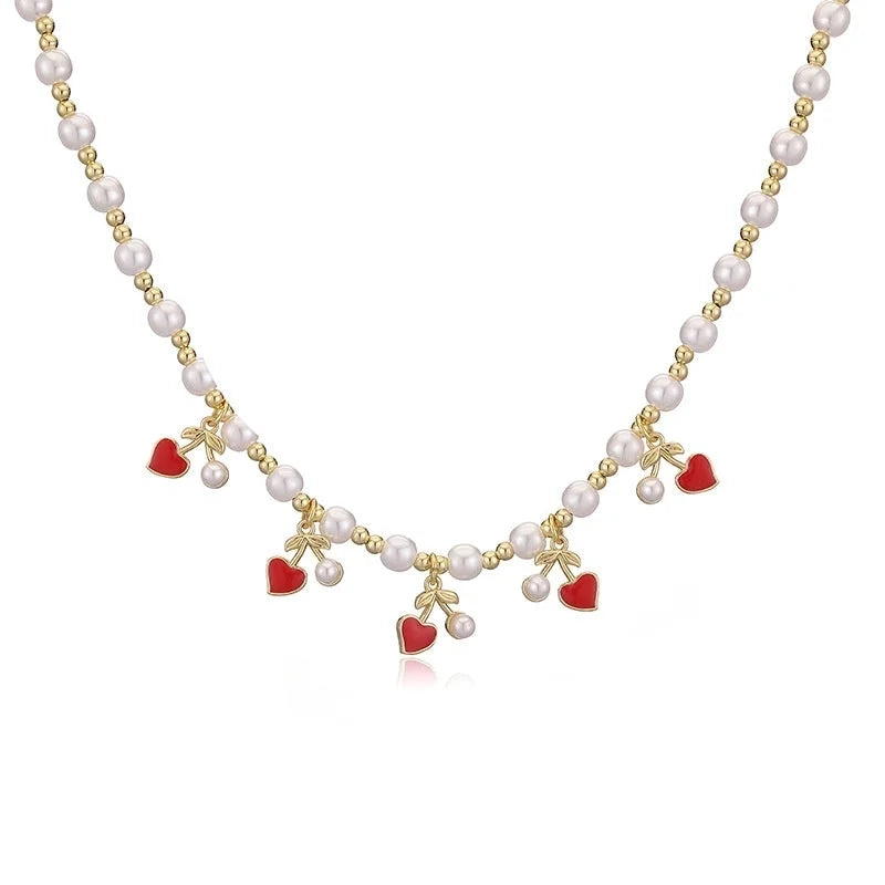 Sweet Cherry Strawberry Copper Enamel Multi Charms Necklace