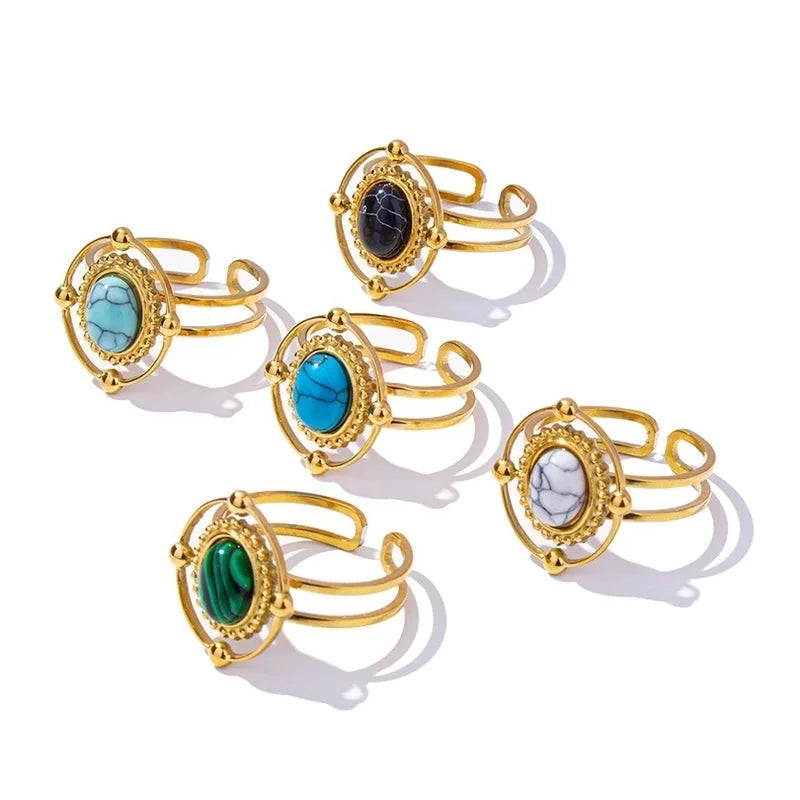 5 Pieces 304 Stainless Steel Retro Inlay Oval Artificial Gemstones Rings